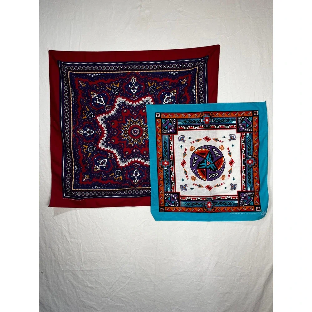Vtg Wamcraft Bandana Lot 2 Burgundy Paisley Southwestern Turquoise Made‎ in USA